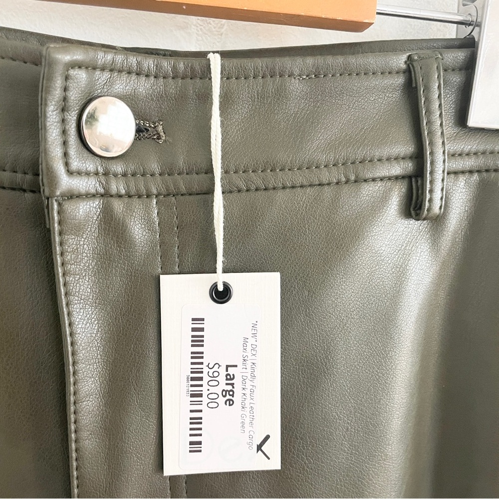Y2K Vegan Leather Cargo Maxi Skirt Olive Khaki Utility Statement Sz L - Picture 5 of 16